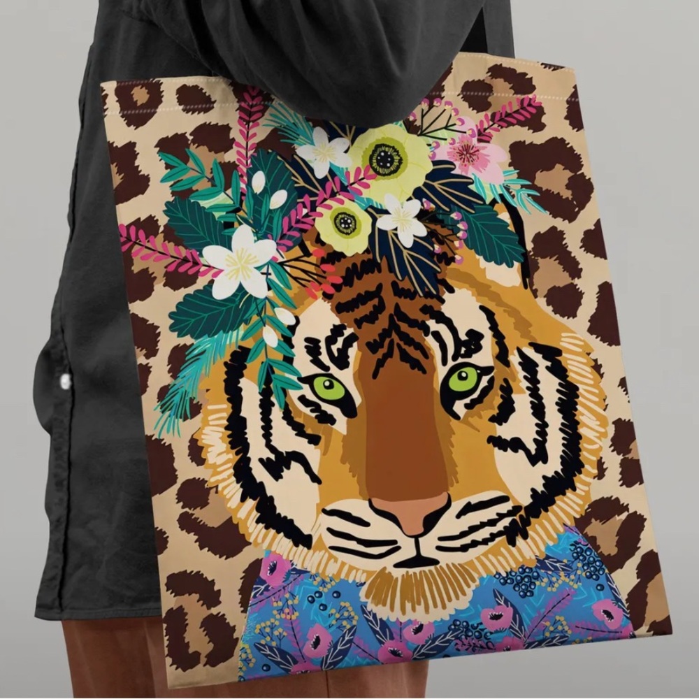 Floral Tiger Print Reusable Shopping Tote Bag - New